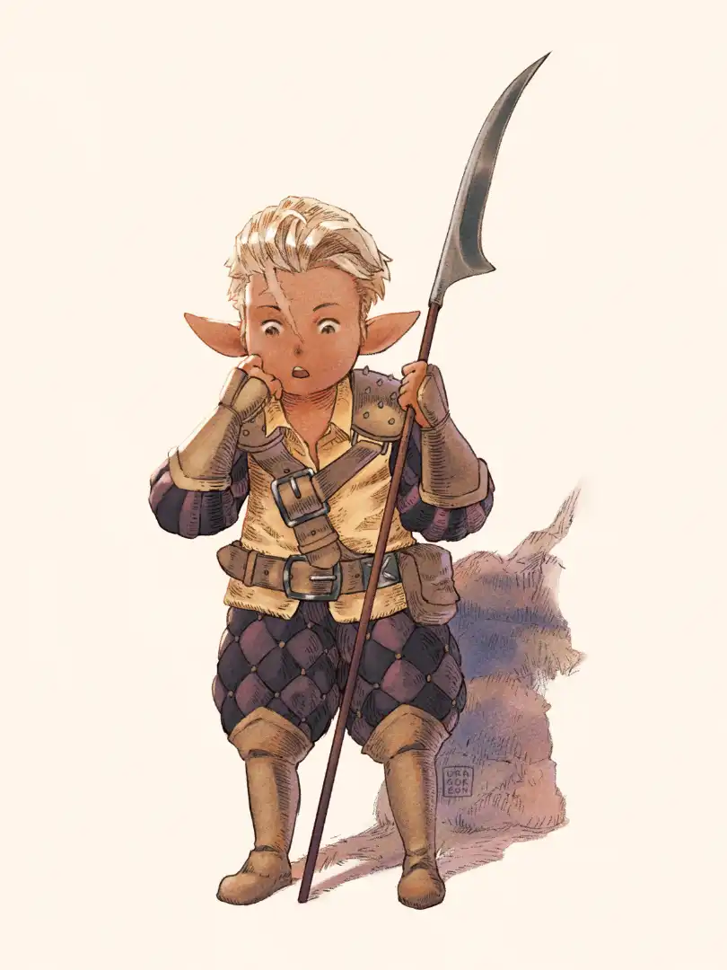 A small baby-like elf, holding a straight sickle and looking baffled, eyes open in amazement. He has a huge scar on his forehead.