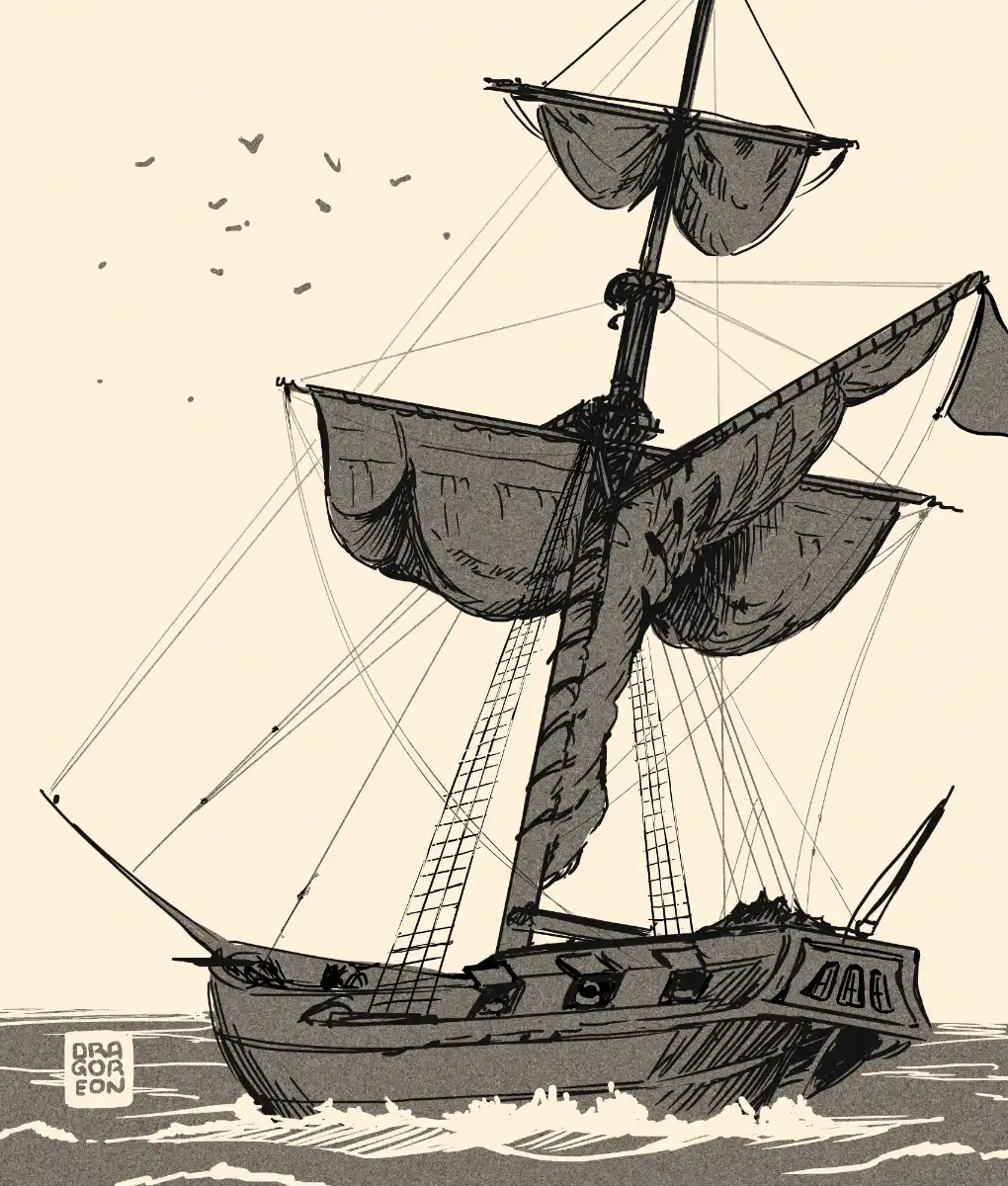 A sailing boat at the sea drawn in monochrome tones. The sea seems calm and sails are rolled up, but the ship is leaning. Its cannon windows are open, ready to shoot.