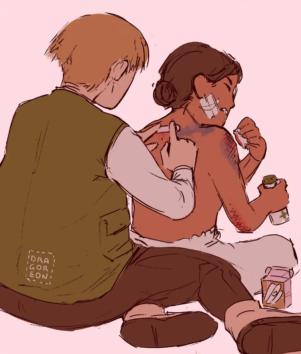 A person is sitting on the ground, covered in bruishes and wounds. They are curing their scraped shoulder with cotton soaked in alcohol, trying to uphold the pain. Just behind, a medic field is leaning towards their back to carefully put a band aid. An overall pink tone softens makes the scene a bit more intimate, contrasting the implied violence suffered.