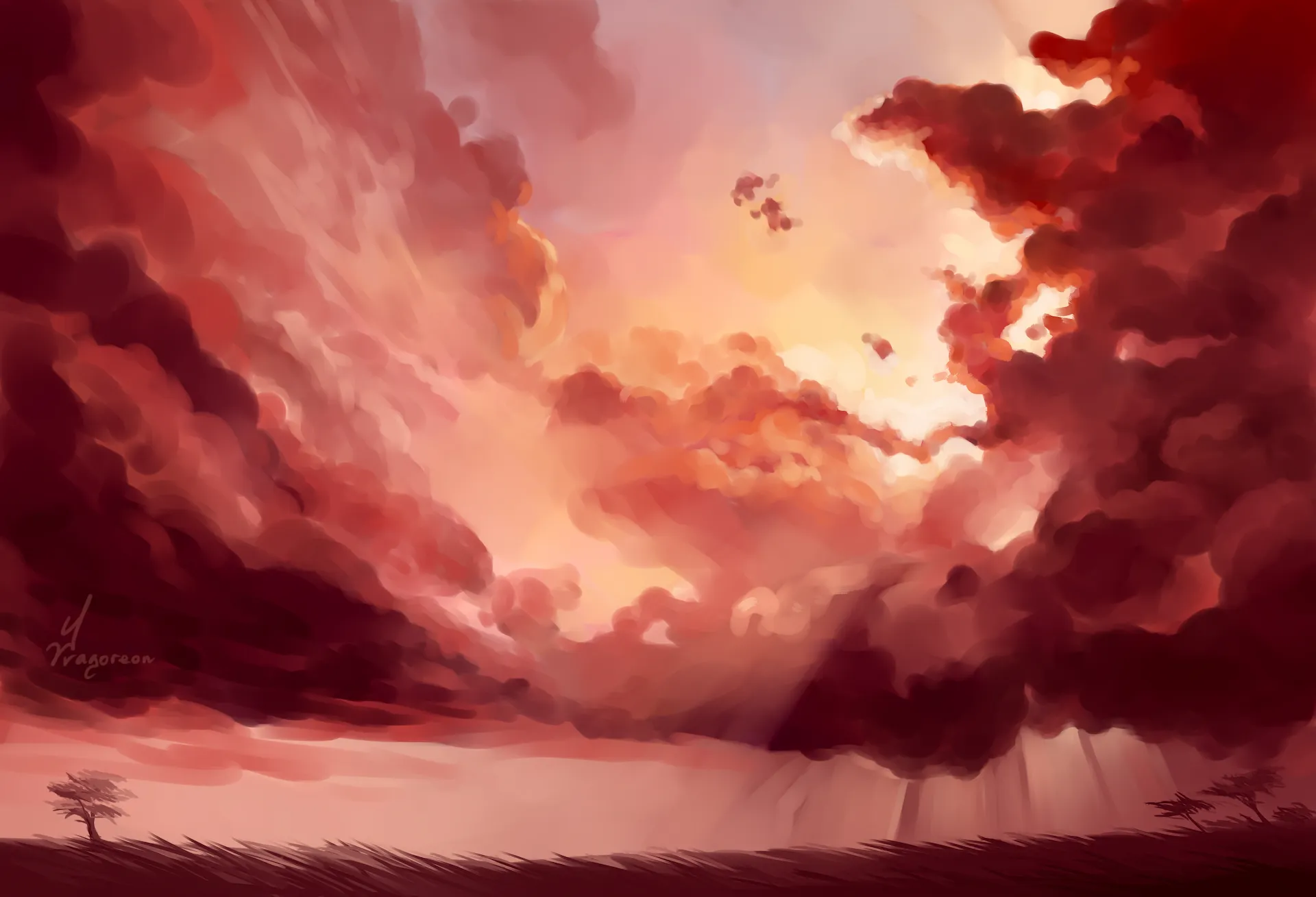 A prairie landscape painting focusing on cloud formations during sunset. Red and pink clouds are pierced by bright sun rays, looking as if the sky was burning.  