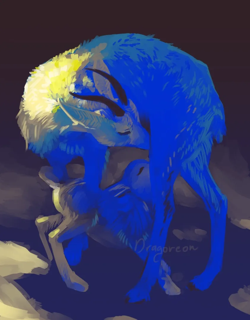 A doe and her fawn with intense blue fur