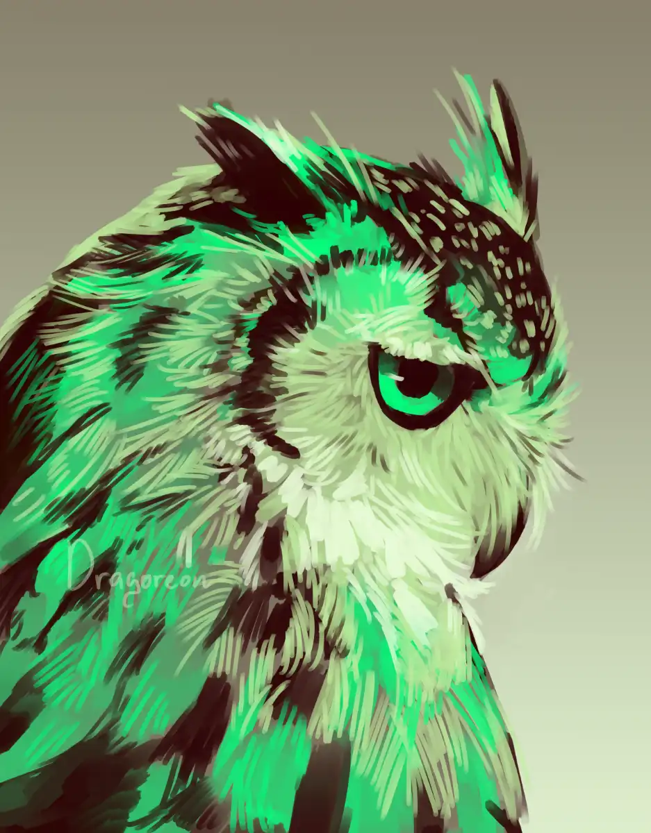 An owl with neon green tints