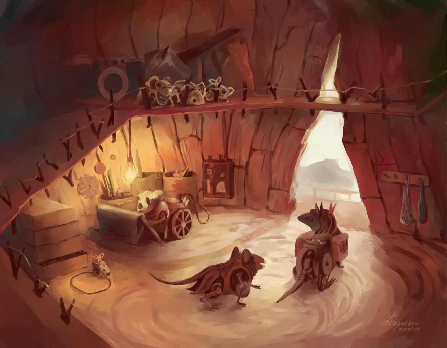 Several mice made out of metal clockwork parts live inside a hollowed tree. They resemble a family, two bigger mice are readying to go outside. A metallic ramp with twigs as a handrail takes to the upper floor, filled with rusty metal components. There three smaller mice look at the explorers. An older model with wheels is writing in a notepad almost as big as them. A tiny mouse is close to it, maybe to keep it in watch.