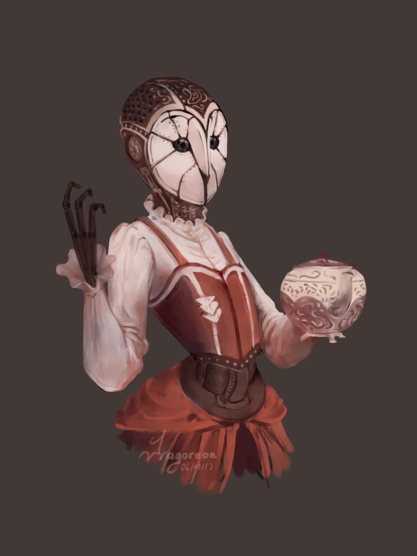 A portrait of an elegant robotic maid, wearing a red dress with a white blouse underneath. Her round metallic head has intricate perforations and her face is almos exactly as a barn owl, her hand also resembles a slender claw. She is holding a beautifully decorated teapot. Even though her outfit and straight posture look elegant and delicate, her owl face is expressionless.